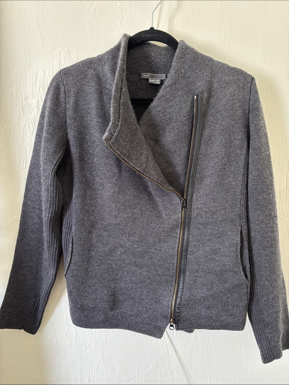 Vince Wool Asymmetric Zip Knit Jacket in Charcoal Gray